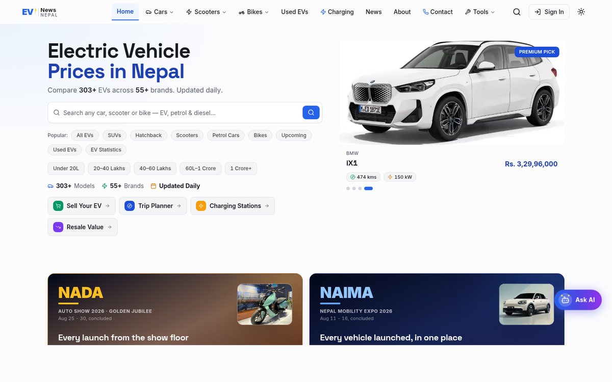 EV News Nepal homepage showing electric vehicle prices in Nepal and the Ask AI assistant