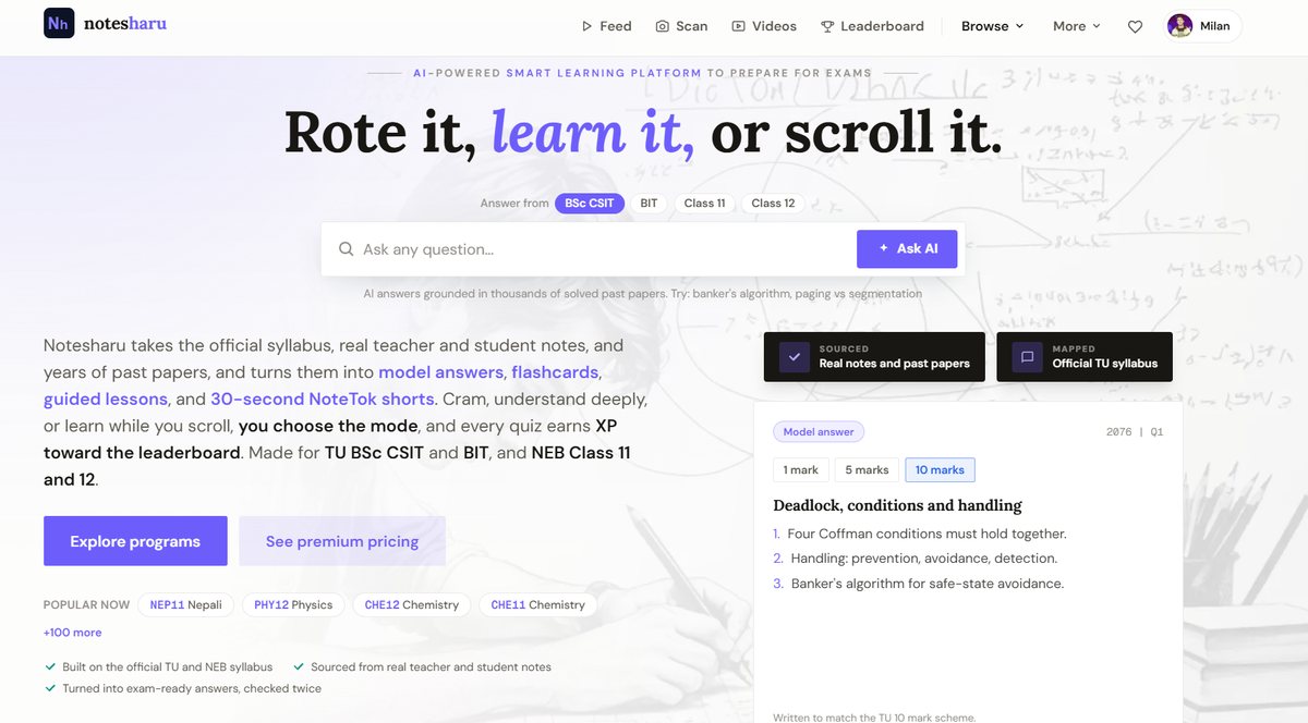 notesharu homepage reading rote it, learn it, or scroll it, with an Ask AI search bar