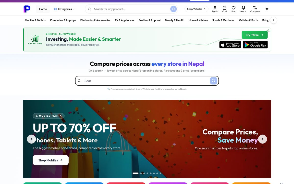 PaisaBachau deals grid with prices, discounts and an Ask AI button on every product card